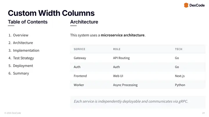 Custom width columns slide