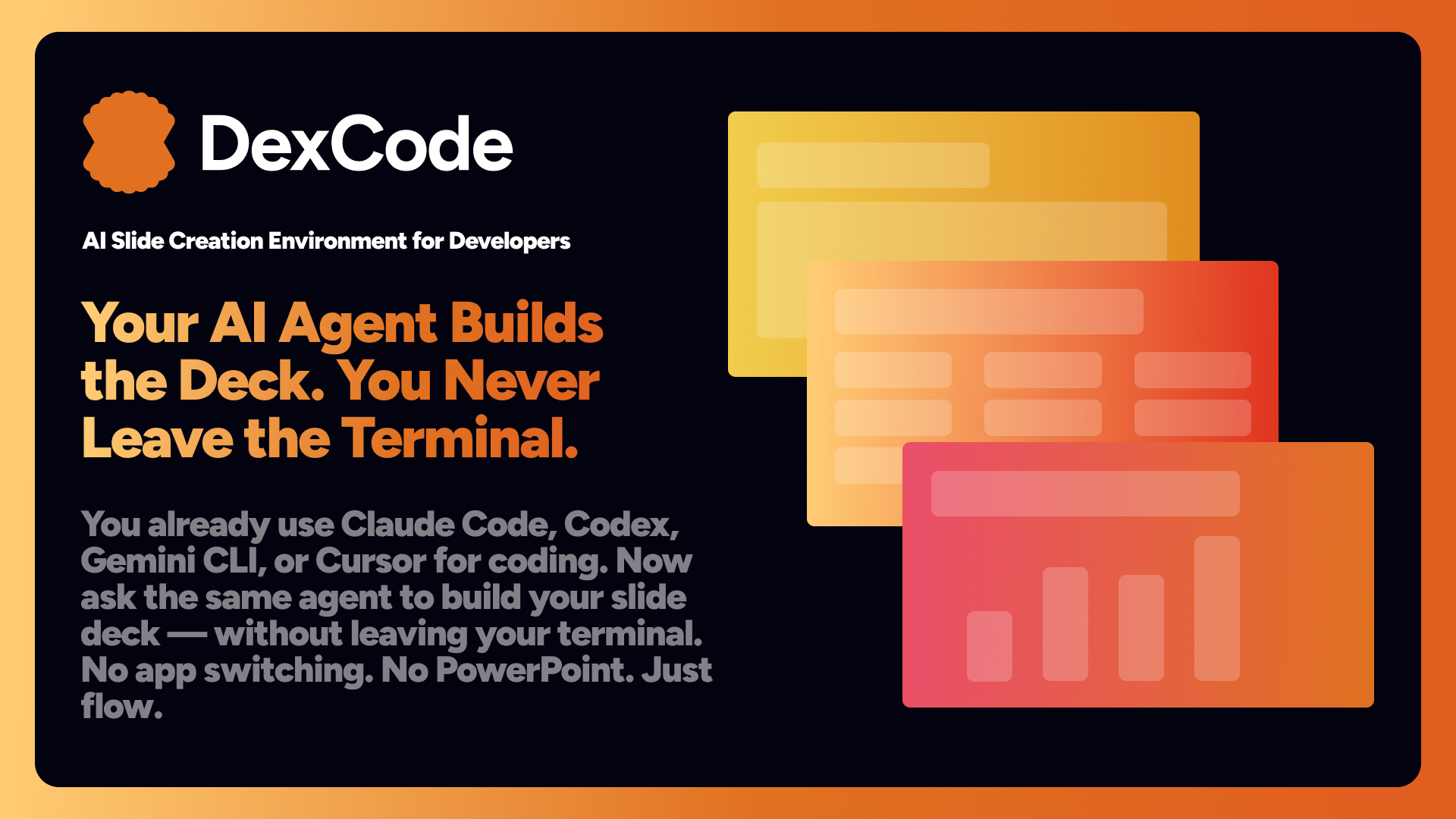 DexCode introduction graphic showing the terminal-first slide workflow